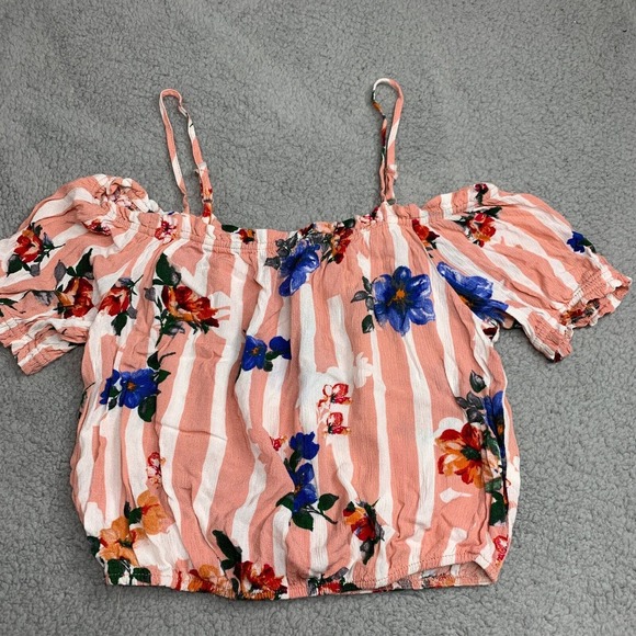 Womens Floral Boho Top Cropped Balloon Sleeve Size S Colorful Peasant Pink Rayon - Picture 1 of 8